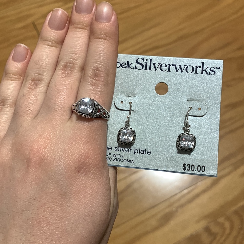 Belk Silverworks Ring and Earring Square CZ Set
